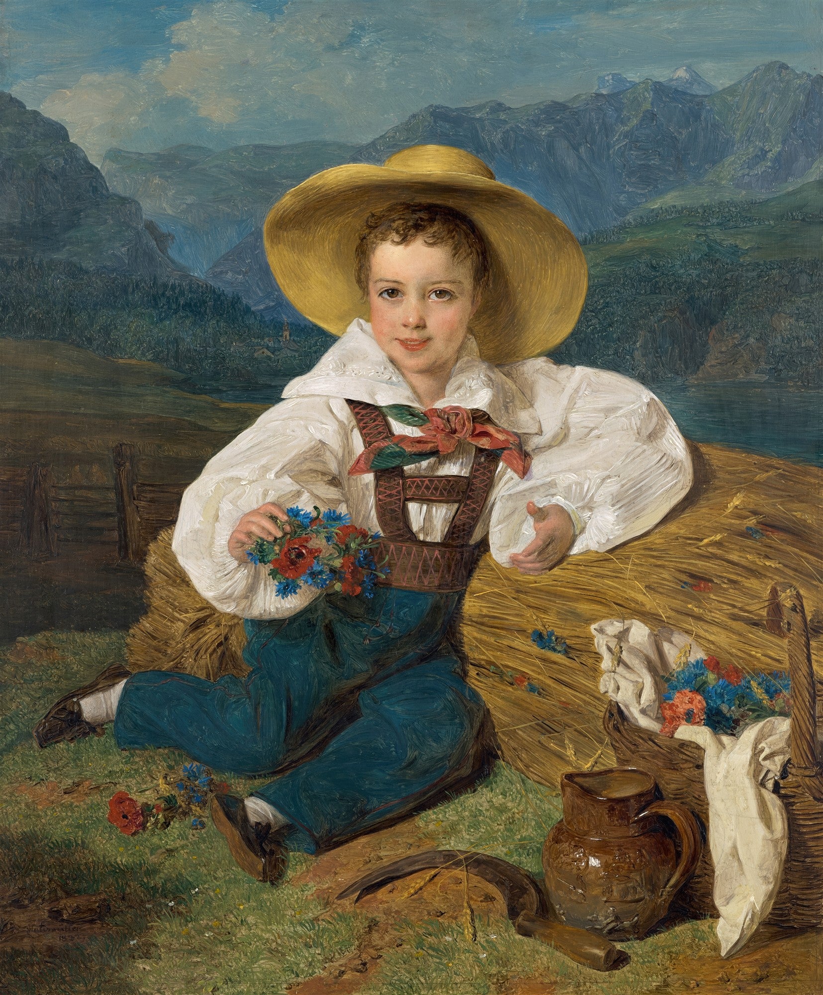 Retrato de uma criança com chapéu de palha, sentada em feno com flores, em paisagem montanhosa, atribuído a Ferdinand Georg Waldmüller.