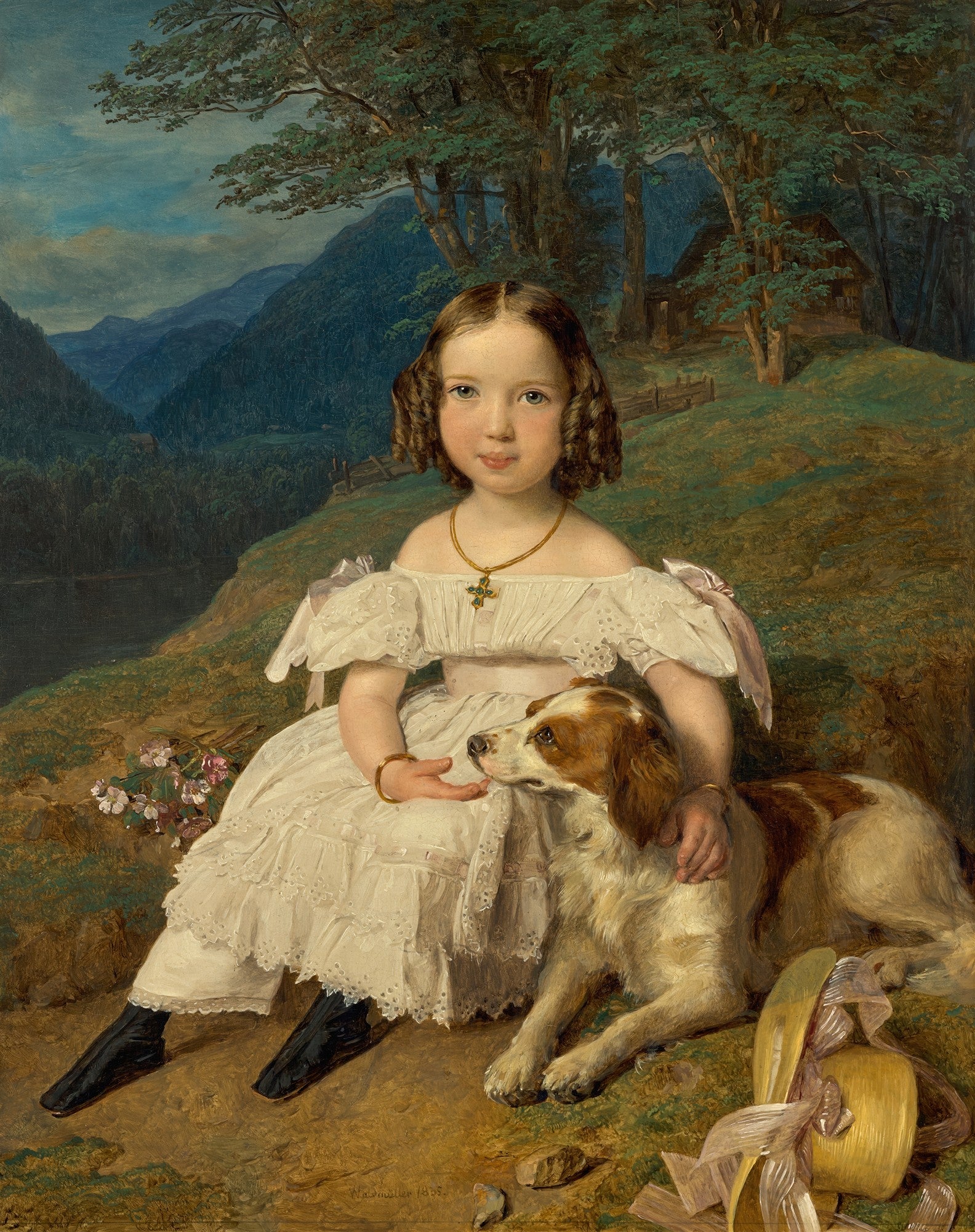 Retrato de uma criança com um cão, ambos sentados em uma encosta gramada. A criança, vestida de branco, olha para frente, enquanto o cão, deitado, olha para ela. Ao fundo, uma paisagem montanhosa com árvores e uma cabana.