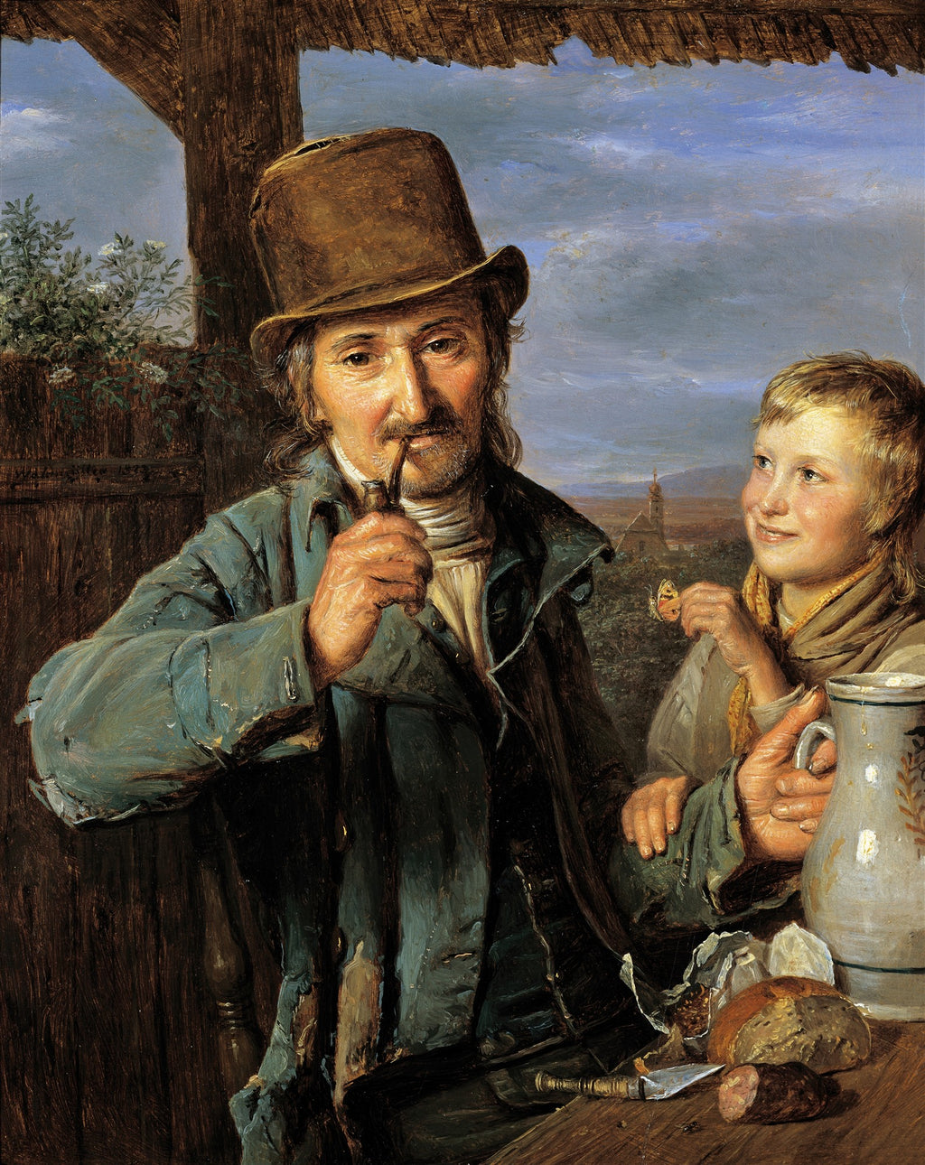 Pintura a óleo de Ferdinand Georg Waldmüller 'O Fumante e o Menino', retratando um homem idoso fumando um cachimbo ao lado de um menino sorridente, ambos em um cenário campestre com pão e bebida sobre a mesa. A obra tem tons terrosos e azulados, com texturas visíveis na pincelada.