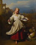 Quadro a óleo de Ferdinand Georg Waldmüller, 'A Menina das Violetas', retratando uma jovem sorridente com um cesto de violetas e um pé descalço, em um cenário campestre com construções ao fundo.
