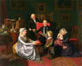 Quadro 'A Visita Familiar' de Ferdinand Georg Waldmüller, cena de gênero com família em sala opulenta do século XIX.