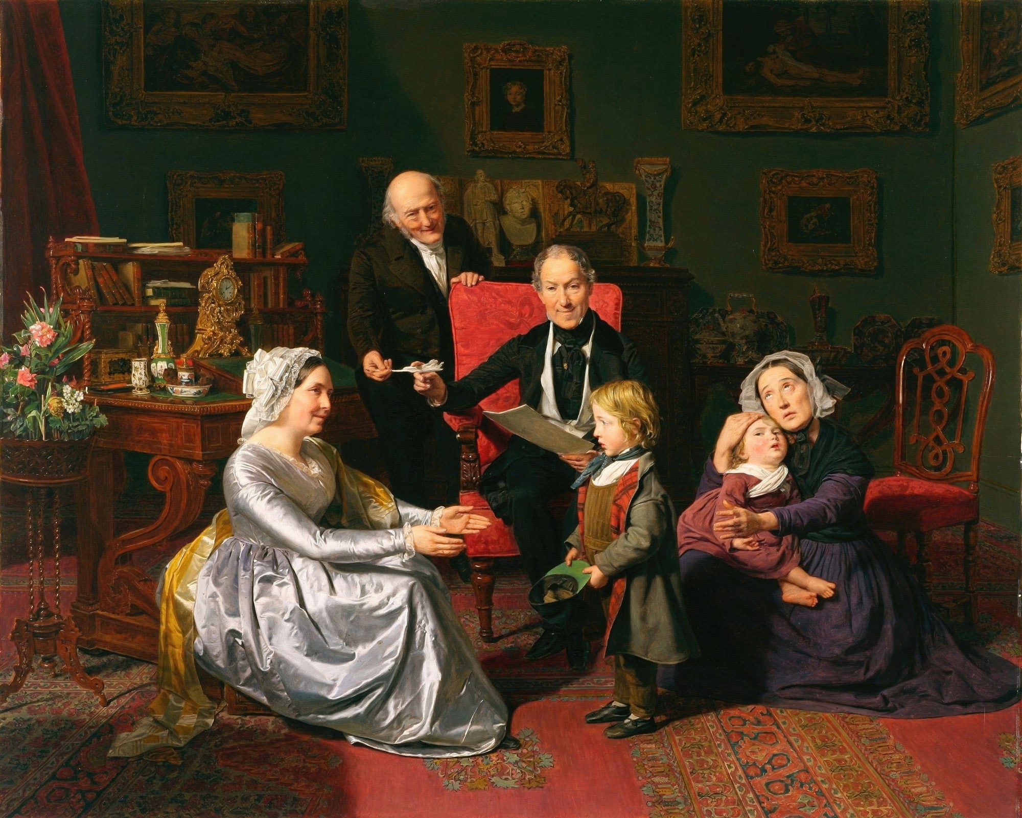 Quadro 'A Visita Familiar' de Ferdinand Georg Waldmüller, cena de gênero com família em sala opulenta do século XIX.