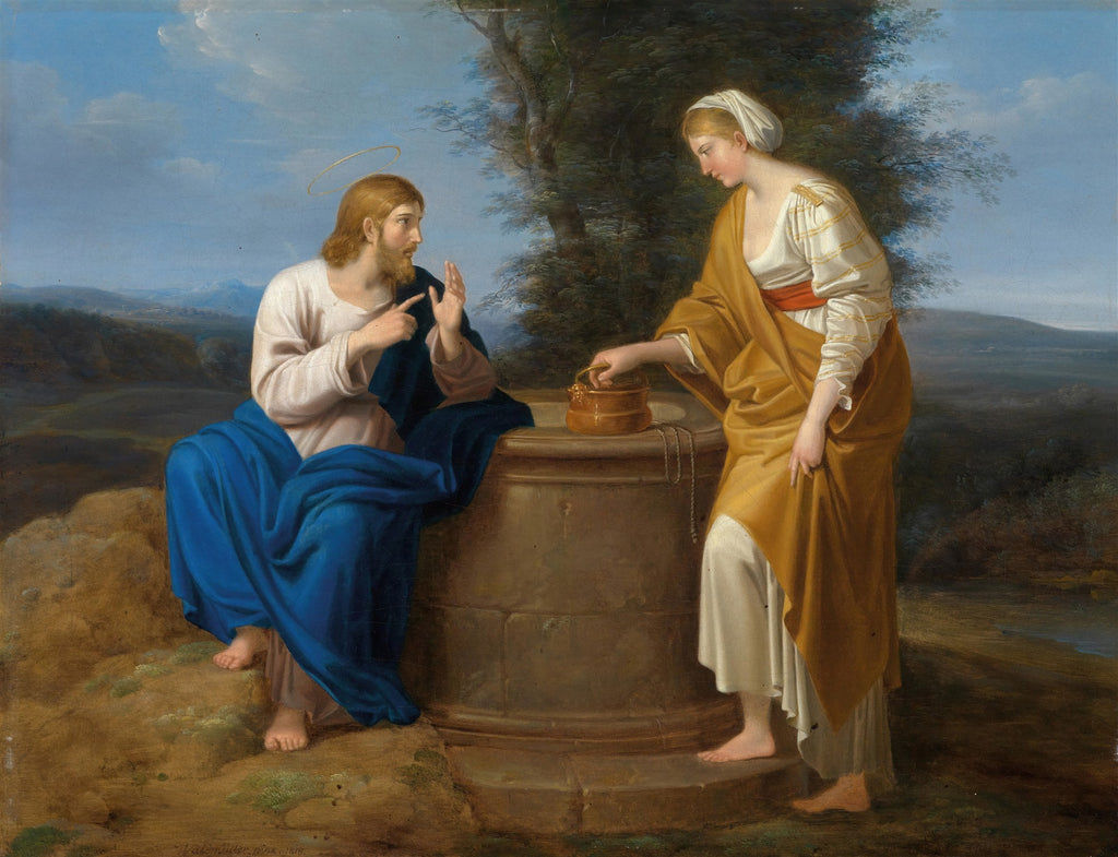 Quadro decorativo mostrando Jesus Cristo sentado, conversando com uma mulher samaritana de pé ao lado de um poço, em uma paisagem serena.