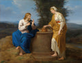 Quadro decorativo mostrando Jesus Cristo sentado, conversando com uma mulher samaritana de pé ao lado de um poço, em uma paisagem serena.