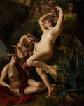 Quadro decorativo Ninfas e Sátiros de Ferdinand Georg Waldmüller, com três figuras nuas em um cenário natural rochoso com folhagens e flores cor-de-rosa.