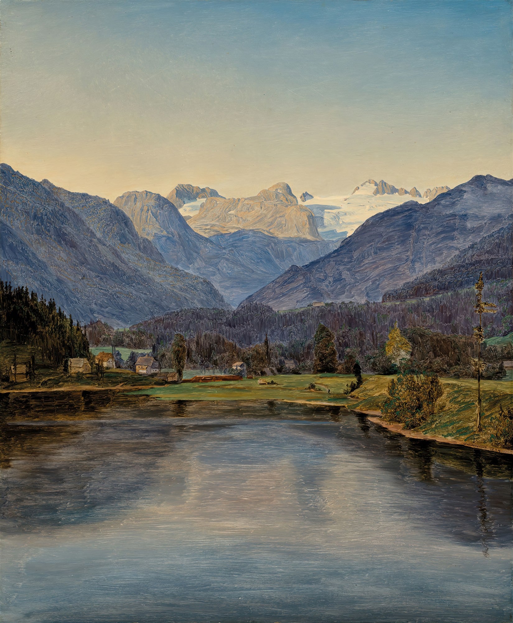 Quadro decorativo com paisagem alpina, lago calmo refletindo o céu e montanhas com picos nevados ao fundo, casinhas rústicas na margem do lago, obra de Ferdinand Georg Waldmüller.