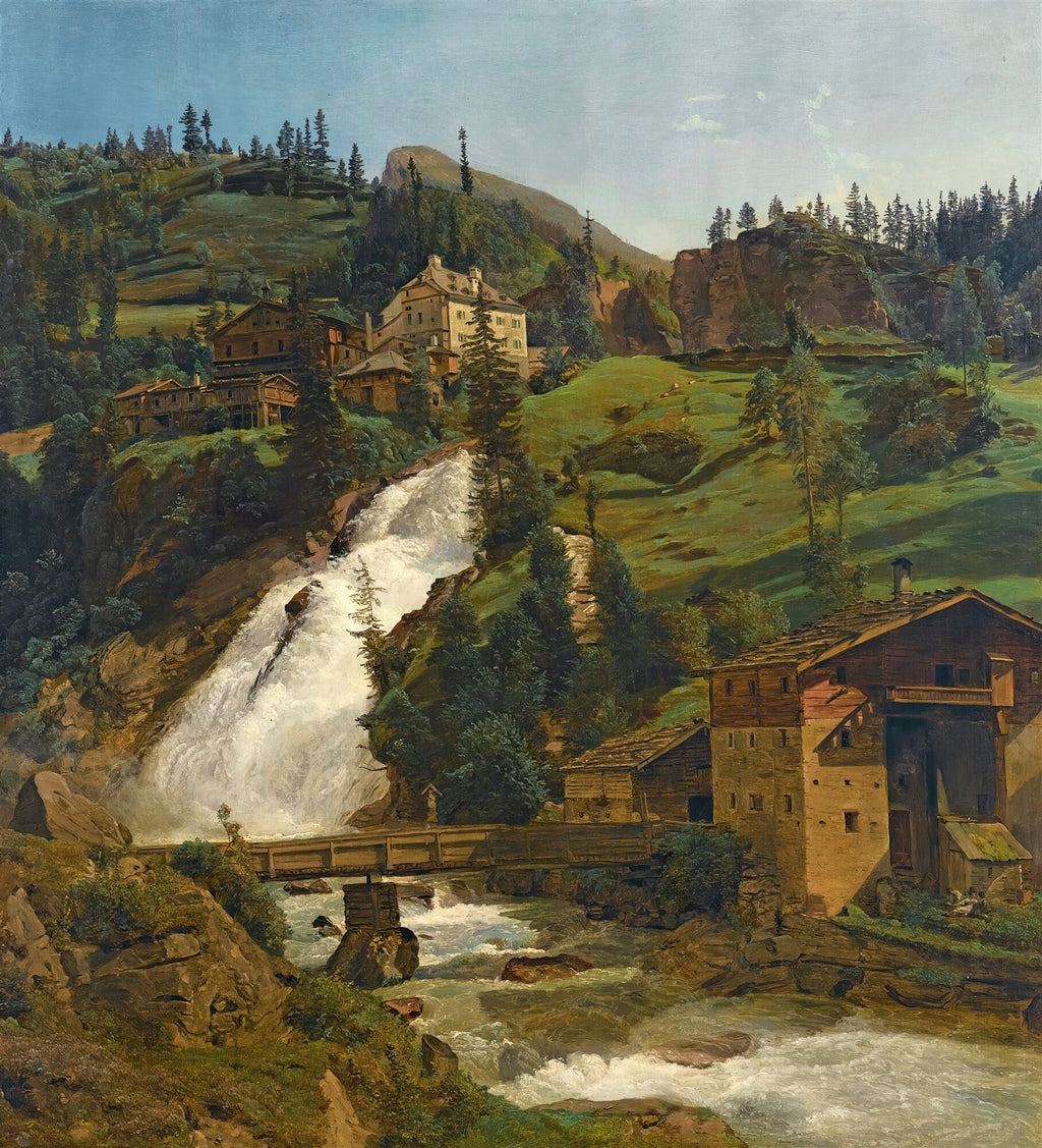 Quadro decorativo com paisagem alpina, montanhas verdes, uma grande cascata de água branca e edifícios de madeira e pedra à beira do rio, ponte de madeira atravessando o rio. Obra de Ferdinand Georg Waldmüller.
