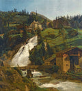 Quadro decorativo com paisagem alpina, montanhas verdes, uma grande cascata de água branca e edifícios de madeira e pedra à beira do rio, ponte de madeira atravessando o rio. Obra de Ferdinand Georg Waldmüller.