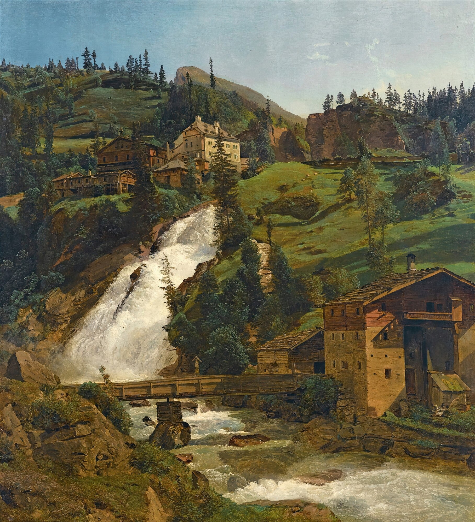 Quadro decorativo com paisagem alpina, montanhas verdes, uma grande cascata de água branca e edifícios de madeira e pedra à beira do rio, ponte de madeira atravessando o rio. Obra de Ferdinand Georg Waldmüller.