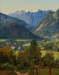 Quadro decorativo mostrando uma paisagem alpina com montanhas imponentes, um vale verdejante com casas e árvores, sob um céu claro.