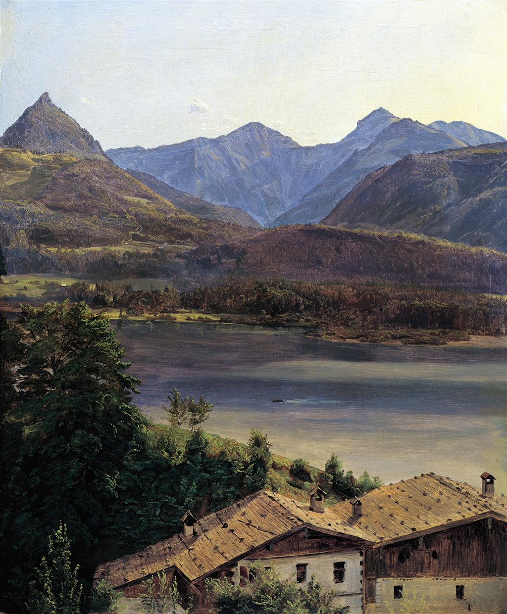 Quadro decorativo mostrando uma paisagem alpina com um grande lago ao centro, montanhas imponentes ao fundo e casas com telhados marrons no primeiro plano. A luz é clara e natural, refletida na água.