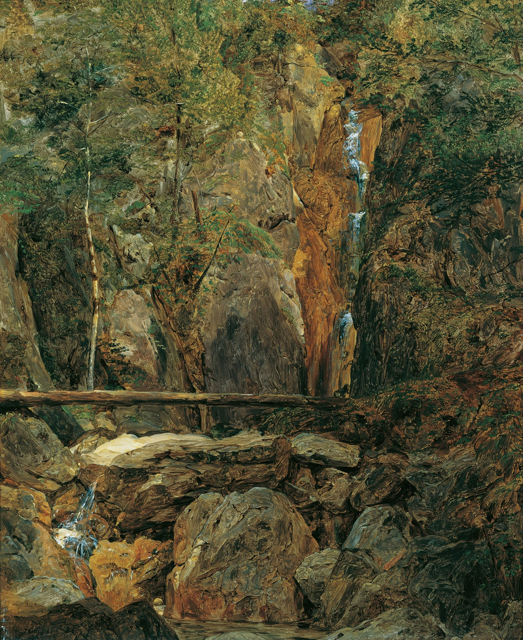 Quadro decorativo com paisagem de cachoeira em meio a rochas e árvores, de Ferdinand Georg Waldmüller.