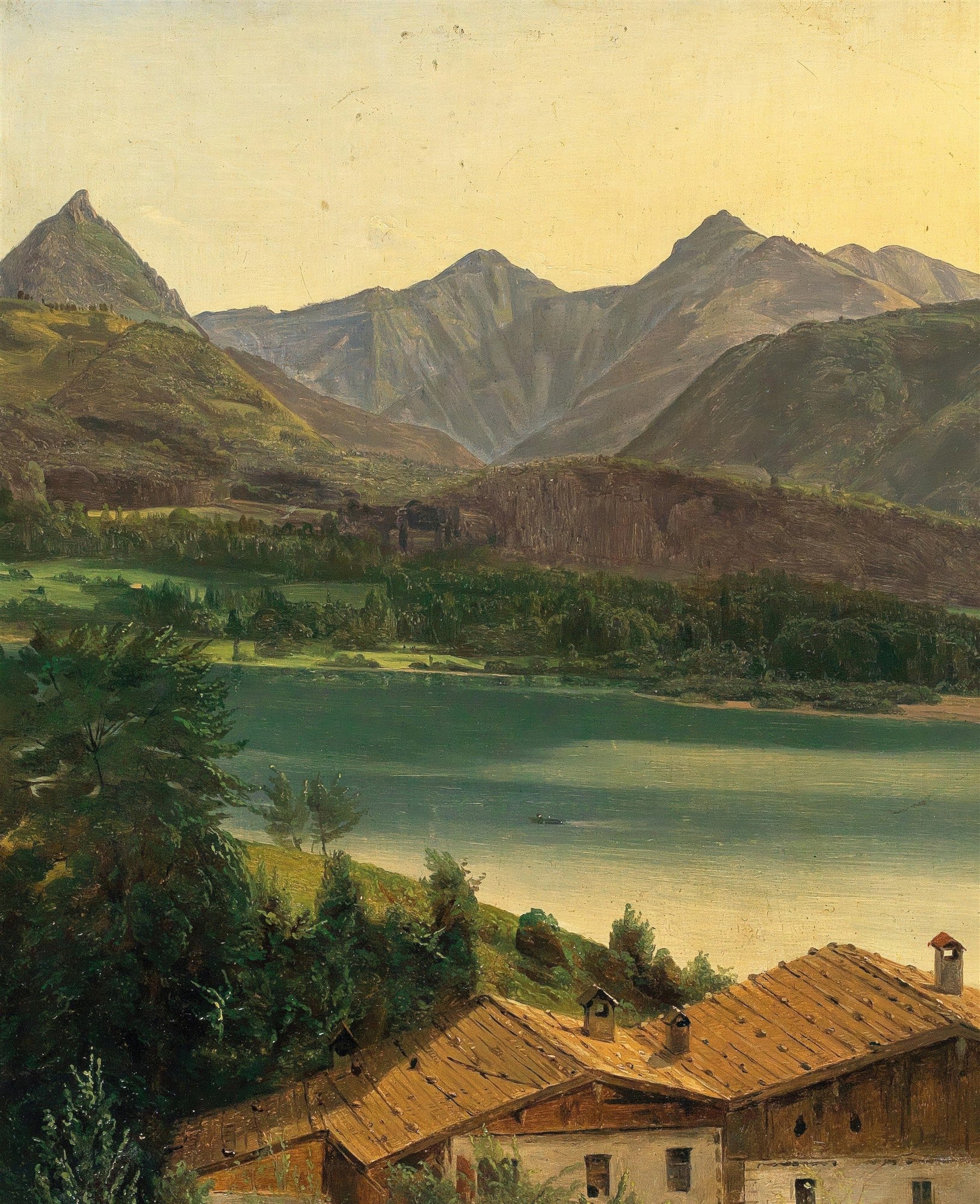 Quadro decorativo atribuído a Ferdinand Georg Waldmüller, retratando uma paisagem alpina com montanhas imponentes, um lago azul-esverdeado e telhados de casas rústicas em primeiro plano, sob um céu claro e amarelado.