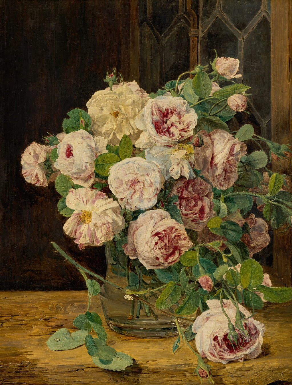 Quadro decorativo 'Rosas em Vaso' de Ferdinand Georg Waldmüller, exibindo um arranjo abundante de rosas brancas e rosadas em um vaso de vidro, sobre uma mesa de madeira, com fundo escuro e uma janela ornamentada. Detalhes de folhas e caules com espinhos, e pétalas caídas na mesa, com assinatura do artista e data (1882).