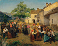 Quadro decorativo mostrando uma cena campestre movimentada, com pessoas em trajes tradicionais celebrando em uma vila rural sob um céu azul.