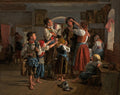 Quadro decorativo com a obra 'A Preparação' de Ferdinand Georg Waldmüller, mostrando uma cena familiar rural com várias pessoas se arrumando em um interior iluminado por uma janela, com detalhes de vestimentas e um gato no chão.