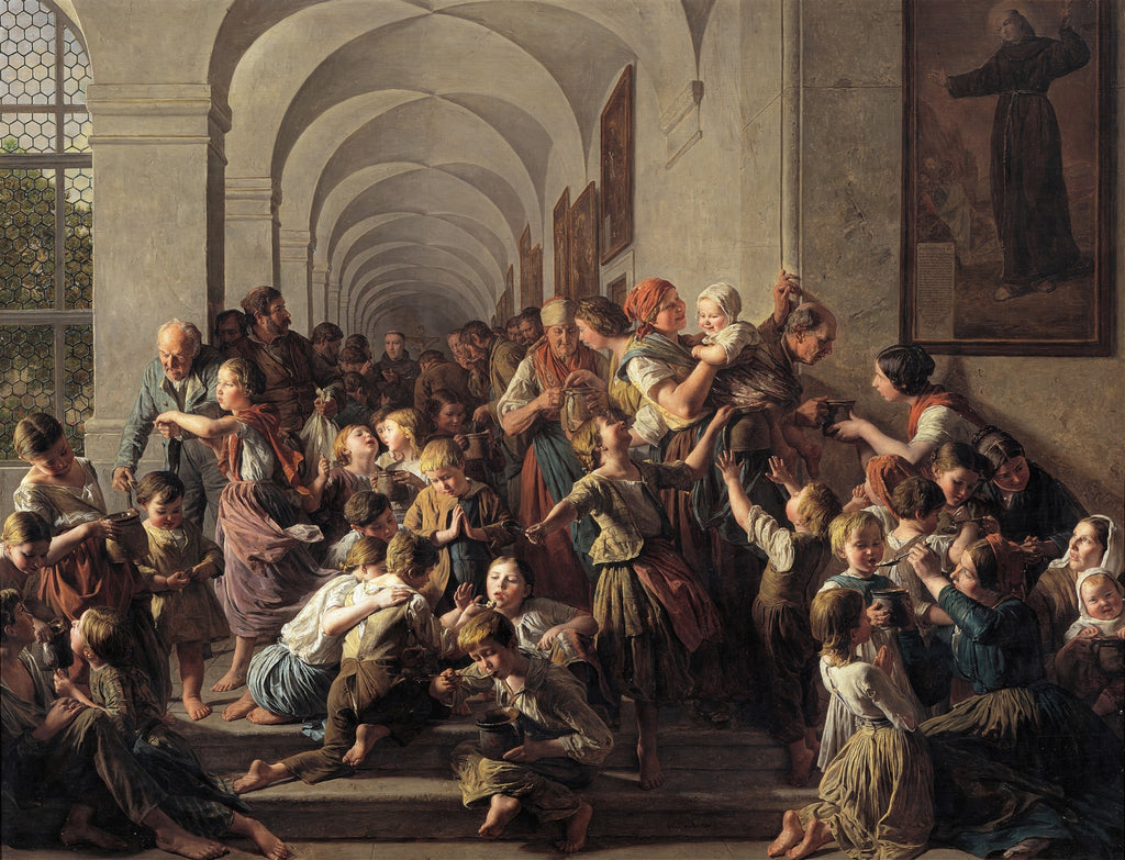Quadro decorativo com a obra 'A Distribuição de Alimentos' de Ferdinand Georg Waldmüller, mostrando uma cena de caridade em um corredor abobadado, com várias pessoas, incluindo crianças, recebendo comida e esmolas.