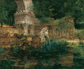 Quadro decorativo de uma pintura a óleo de ruínas clássicas em meio a uma paisagem luxuriante, com estátuas de figuras nuas e um espelho d'água refletindo a vegetação. Atribuída a Ferdinand Georg Waldmüller.