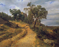 Pintura a óleo de Ferdinand Georg Waldmüller, 'A Estrada para o Castelo'. Uma paisagem de colinas terrosas com um caminho sinuoso que leva a um castelo em ruínas em meio a densas árvores sob um céu nublado. A luz do sol incide sobre o caminho e algumas árvores, criando sombras alongadas.