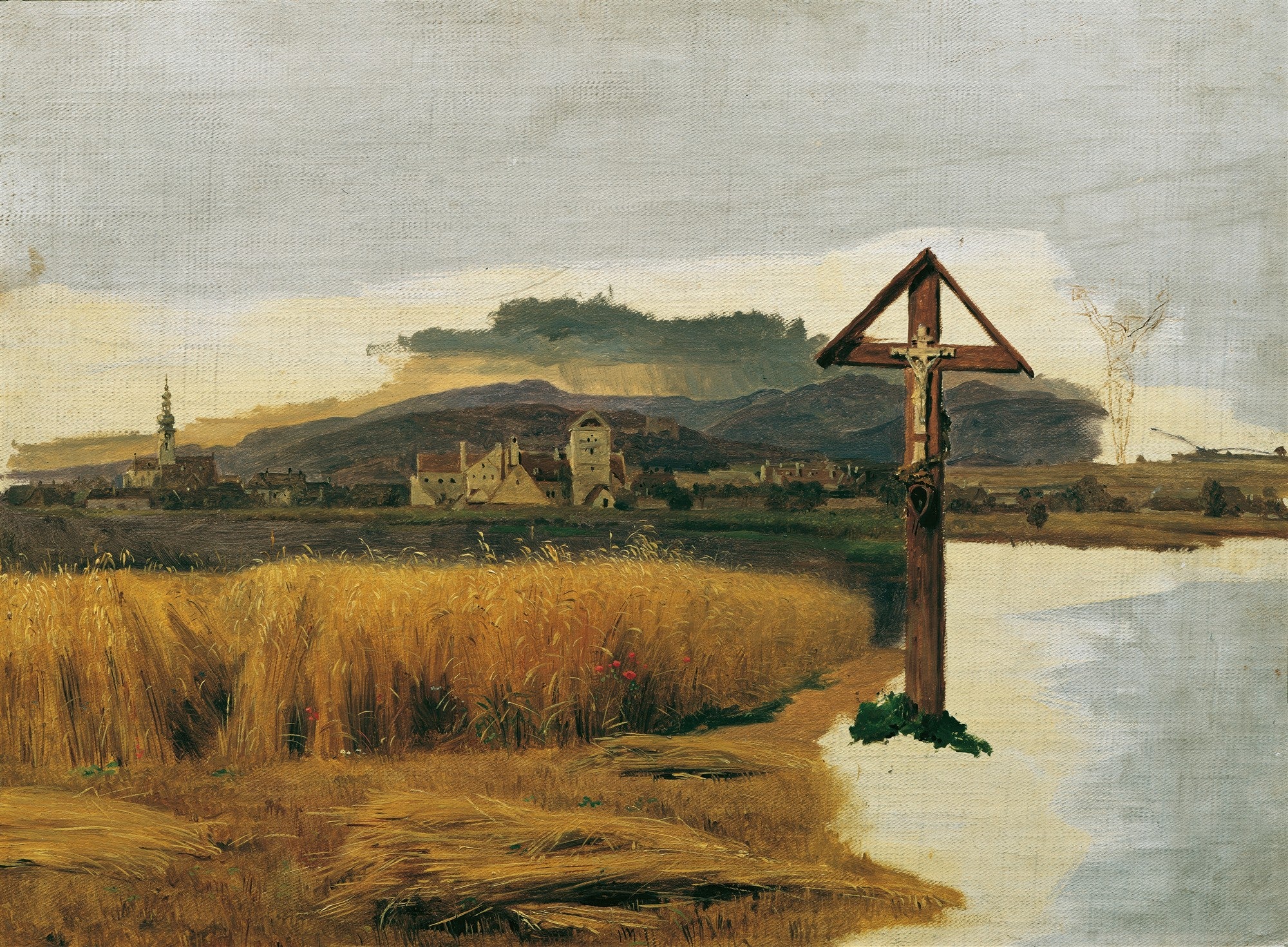 Pintura a óleo de Ferdinand Georg Waldmüller, Campo de Trigo e Cruz. Cena rural com campo de trigo dourado, uma cruz de madeira e um vilarejo com torres ao fundo, sob um céu nublado.