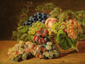 Quadro decorativo Cesto de Frutas de Ferdinand Georg Waldmüller, com uvas de diversas cores e um pêssego em um cesto de vime, sobre uma mesa de madeira.
