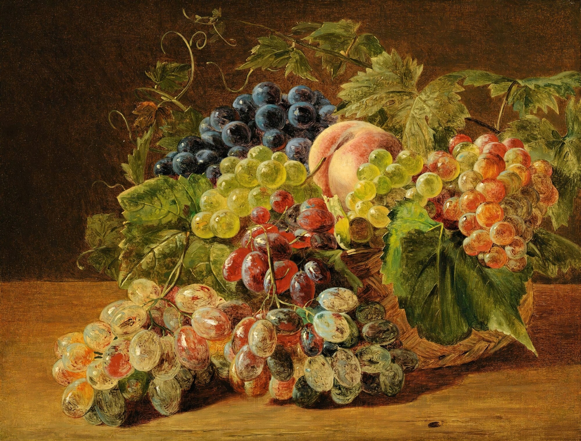 Quadro decorativo Cesto de Frutas de Ferdinand Georg Waldmüller, com uvas de diversas cores e um pêssego em um cesto de vime, sobre uma mesa de madeira.