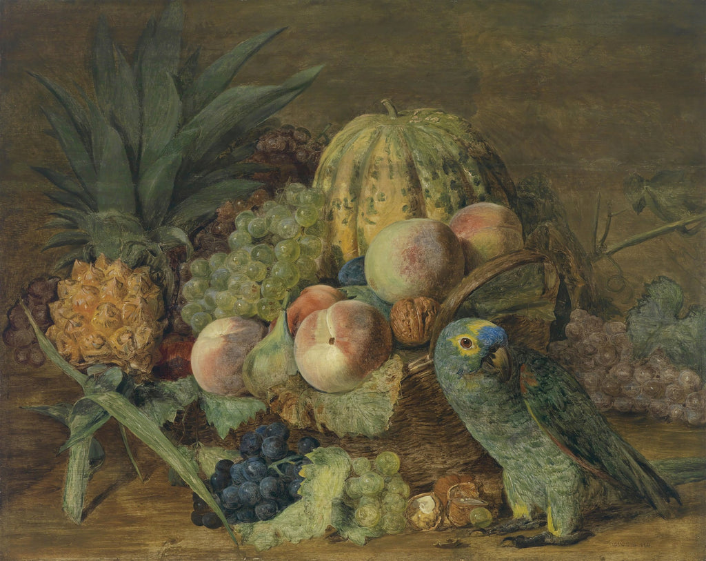 Quadro decorativo de natureza-morta com abacaxi, uvas, melancia, pêssegos, nozes e um papagaio azul e verde, atribuído a Ferdinand Georg Waldmüller.