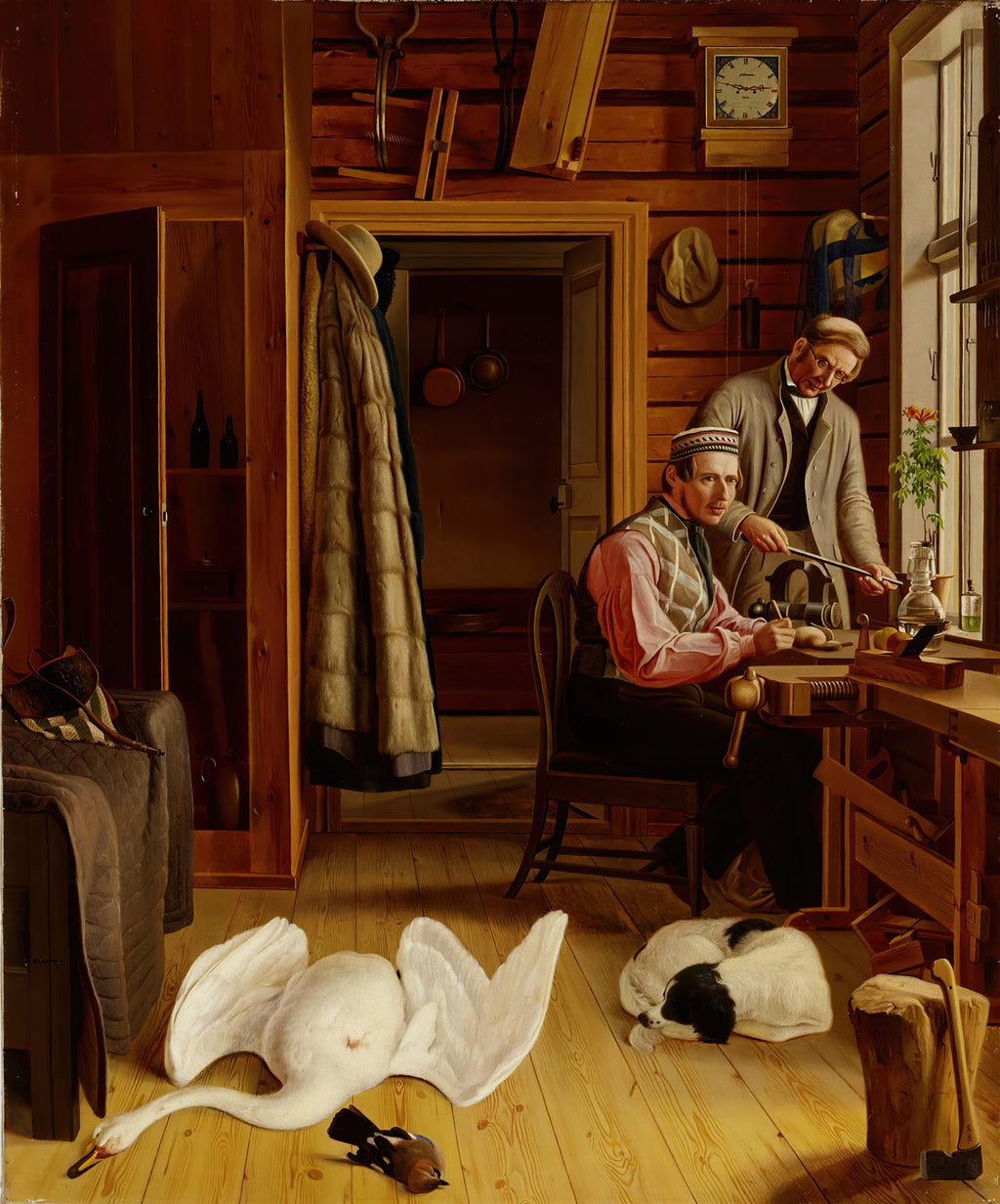 Quadro decorativo 'A Taxidermista' de Ferdinand von Wright, representando dois homens em uma oficina, um deles trabalhando em um cisne morto no chão, com um cachorro dormindo ao lado.