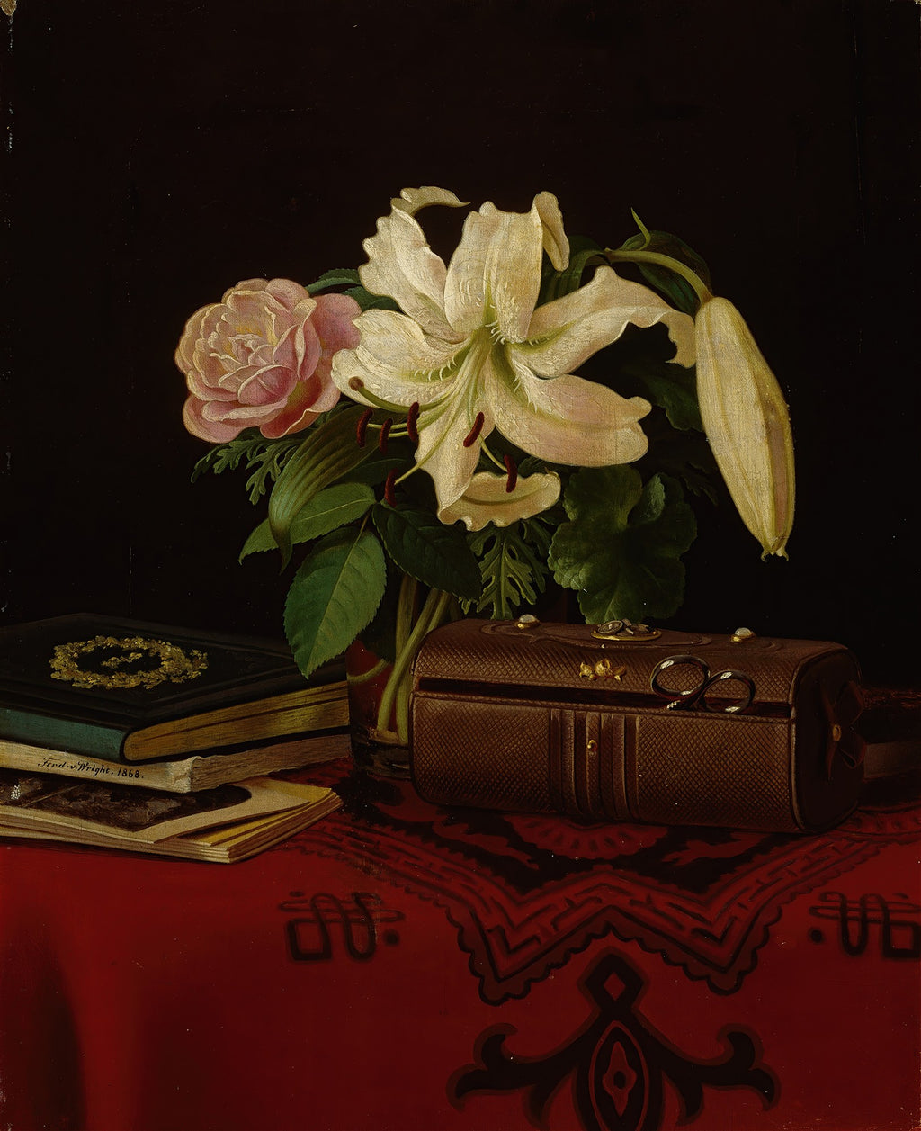 Quadro decorativo natureza-morta com flores brancas e rosa, livros e uma caixa de couro sobre uma toalha vermelha escura, assinado Ferdinand von Wright 1868.
