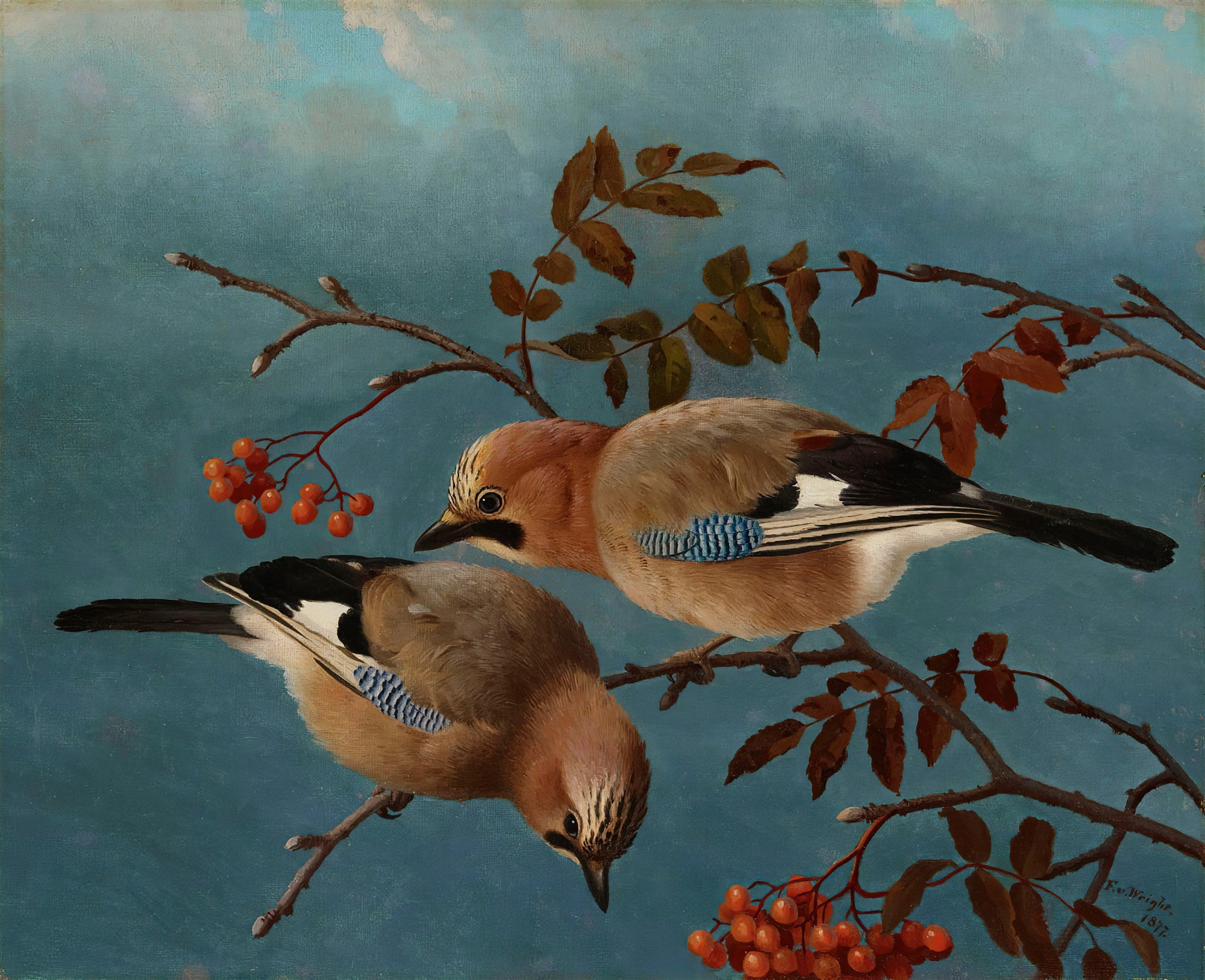 Quadro decorativo mostrando dois gaios marrons com detalhes azuis nas asas, pousados em galhos com bagas vermelhas, contra um céu azul. Obra de Ferdinand von Wright.