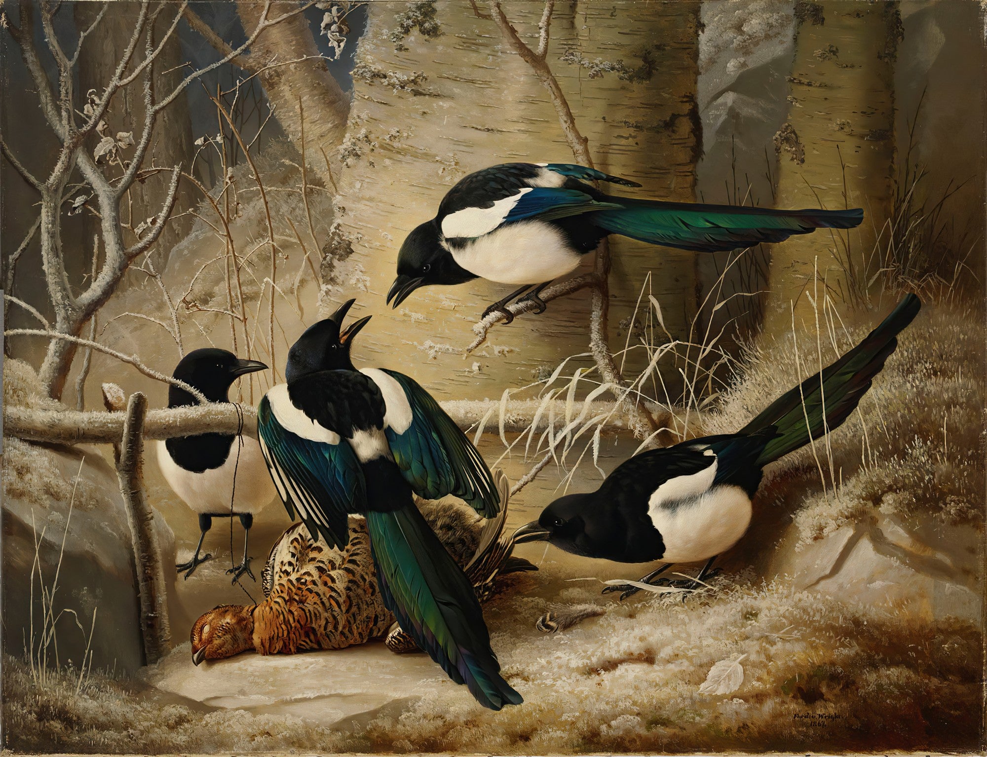 Quadro decorativo com pintura de Ferdinand von Wright, Pássaros no Inverno, mostrando quatro pássaros pretos e brancos, provavelmente pegas, em um cenário de inverno com galhos secos e neve, ao redor de um faisão abatido.
