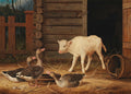 Quadro decorativo com pintura de um bezerro branco e gansos em um pátio de fazenda, ao lado de um celeiro de madeira rústico, obra atribuída a Ferdinand von Wright.