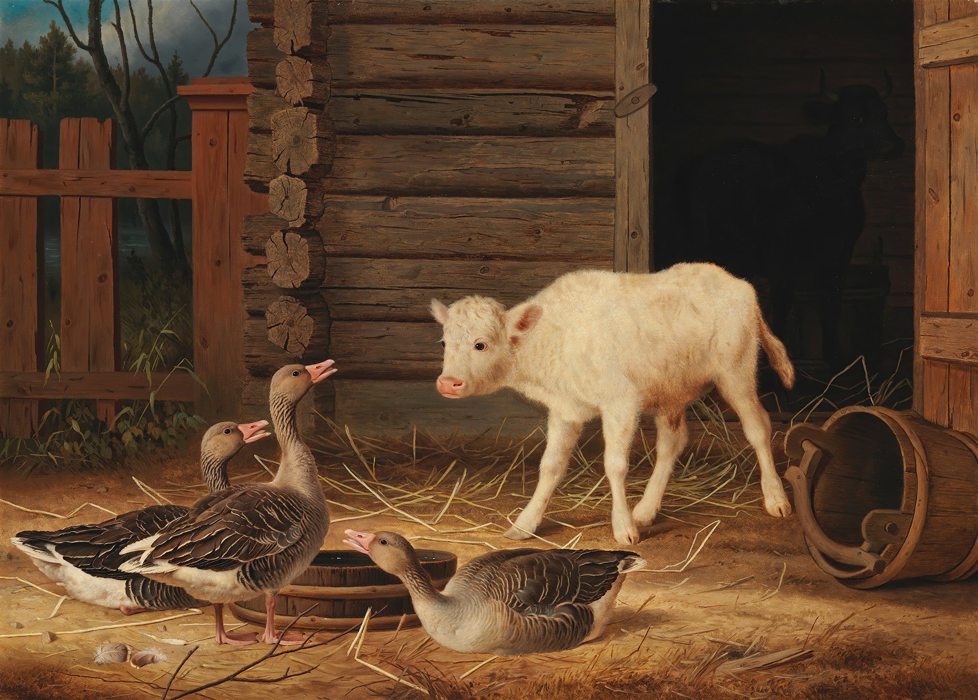 Quadro decorativo com pintura de um bezerro branco e gansos em um pátio de fazenda, ao lado de um celeiro de madeira rústico, obra atribuída a Ferdinand von Wright.