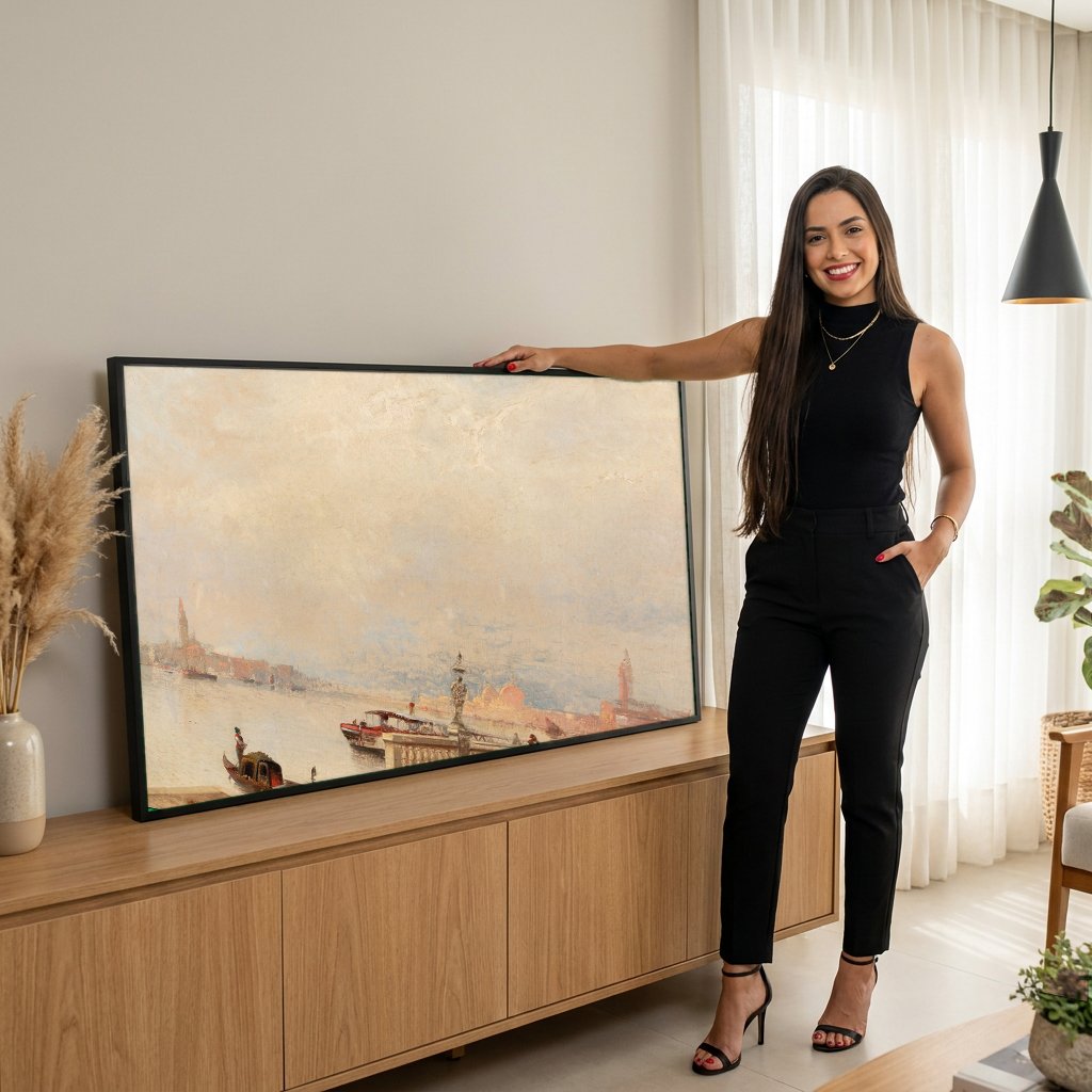 Quadro Decorativo Canal de Veneza com Figuras - Karl Kaufmann com modelo em ambiente