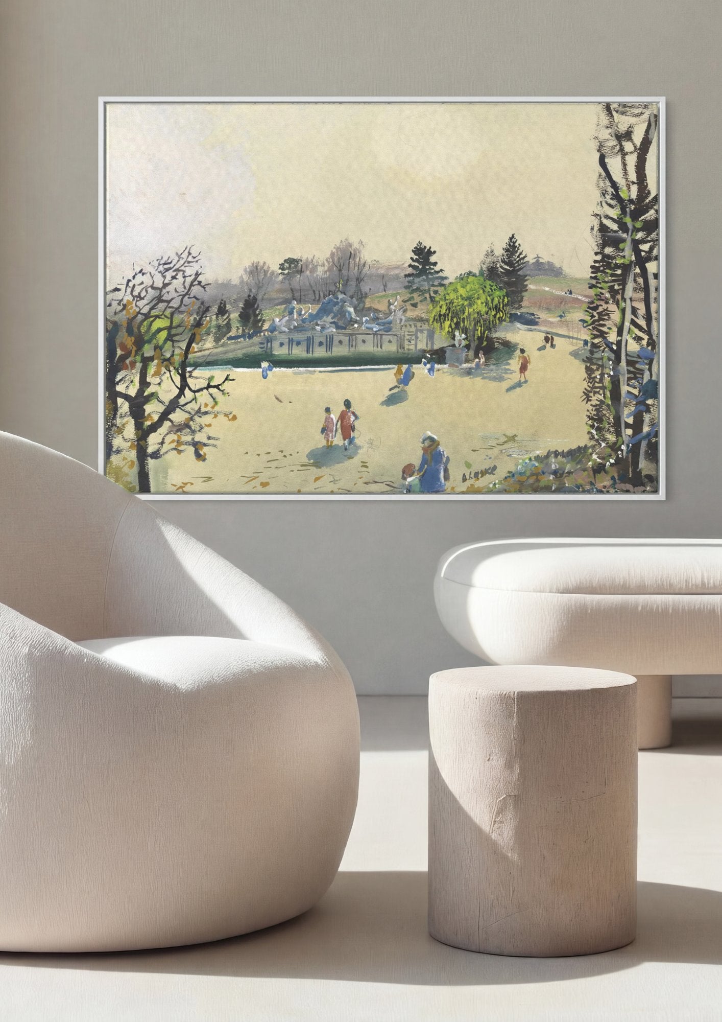 Quadro Decorativo Jardins com Fonte e Figuras - Oskar Laske em ambiente decorado