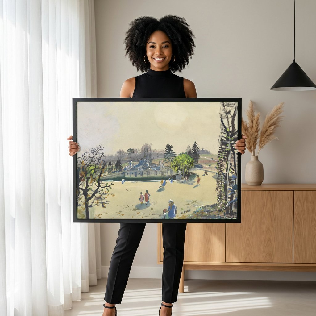 Quadro Decorativo Jardins com Fonte e Figuras - Oskar Laske com modelo em ambiente