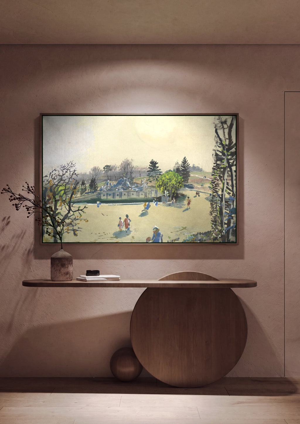 Quadro Decorativo Jardins com Fonte e Figuras - Oskar Laske em ambiente decorado