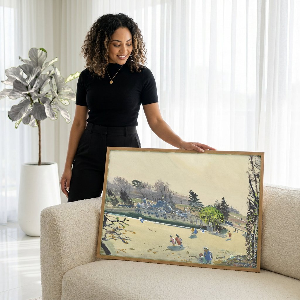 Quadro Decorativo Jardins com Fonte e Figuras - Oskar Laske com modelo em ambiente