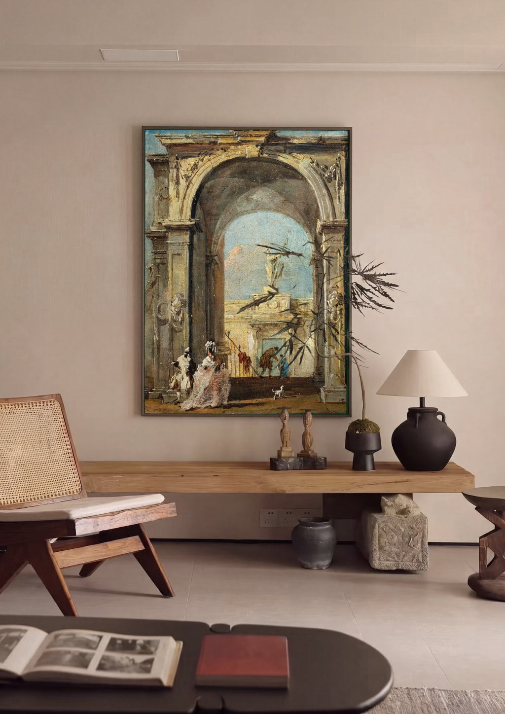 Quadro Decorativo Ruínas Clássicas e Figuras - Guardi em ambiente decorado