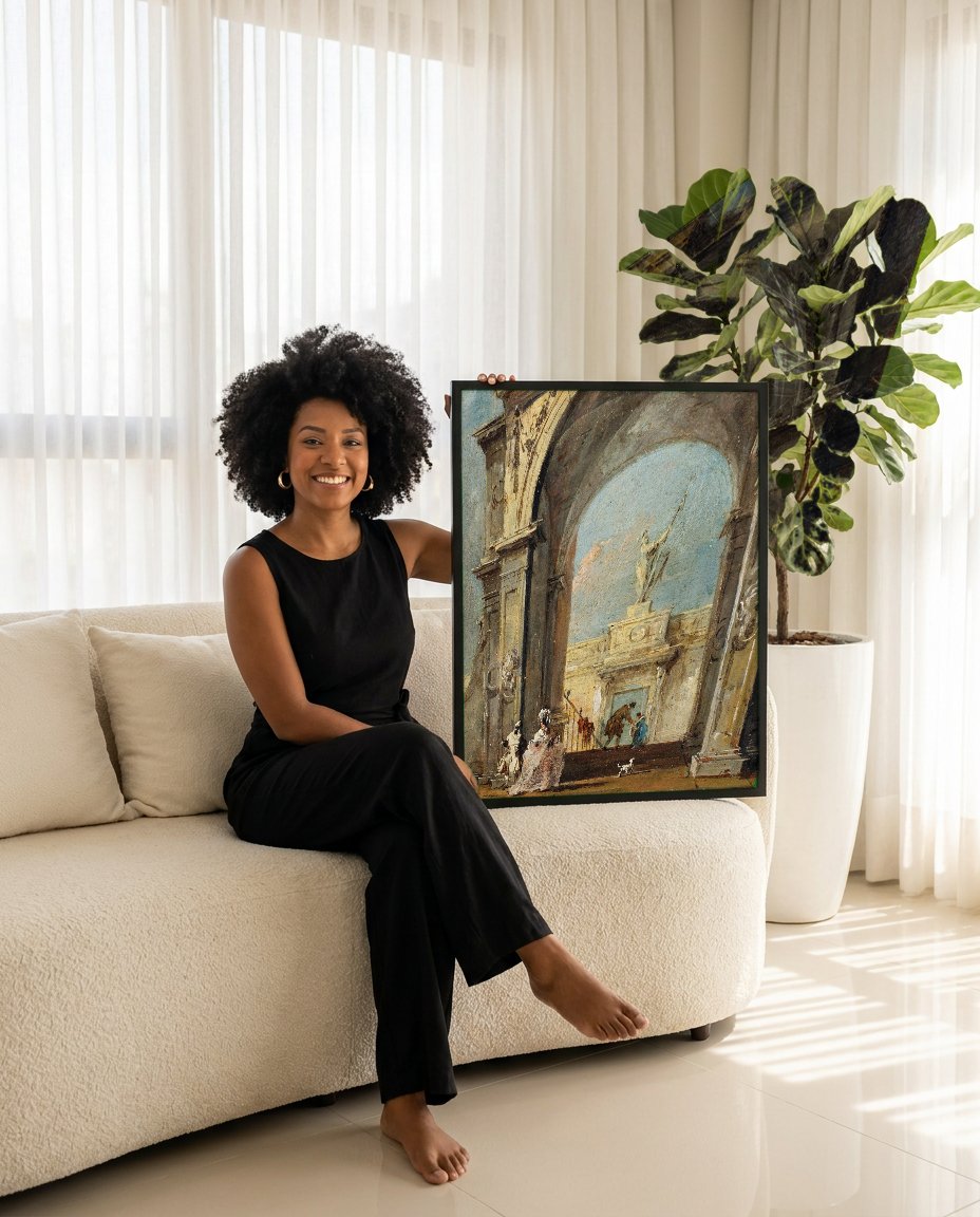 Quadro Decorativo Ruínas Clássicas e Figuras - Guardi com modelo em ambiente