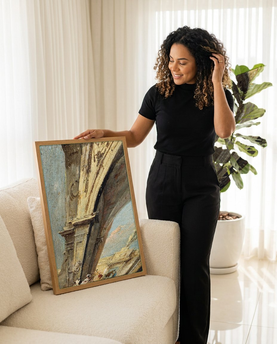 Quadro Decorativo Ruínas Clássicas e Figuras - Guardi com modelo em ambiente