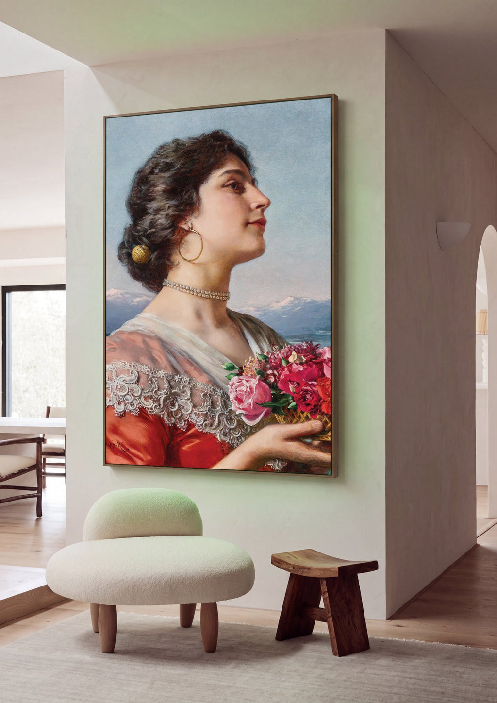Quadro Decorativo A Dama com Cesta de Flores - Czachórski em ambiente decorado
