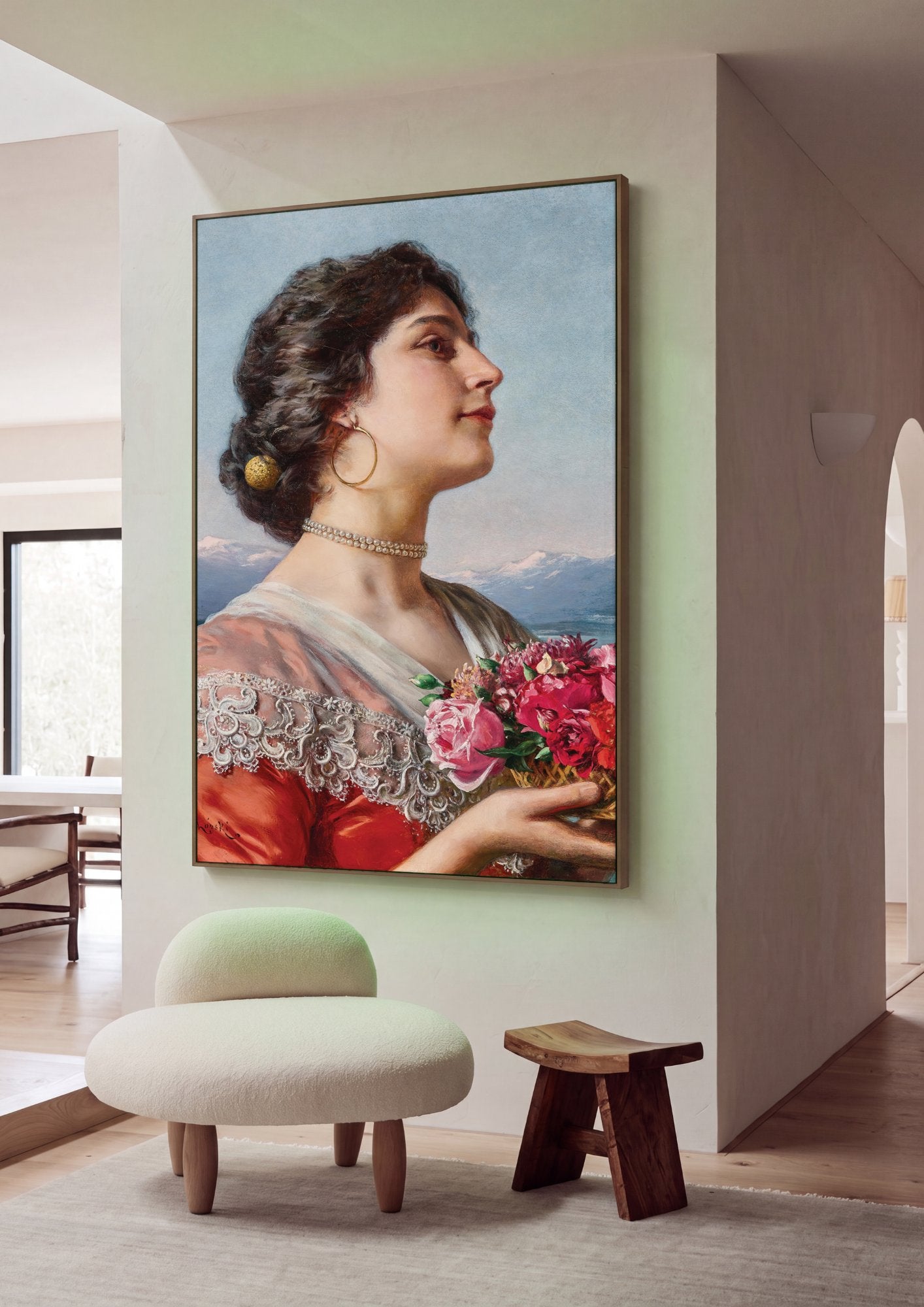 Quadro Decorativo A Dama com Cesta de Flores - Czachórski em ambiente decorado