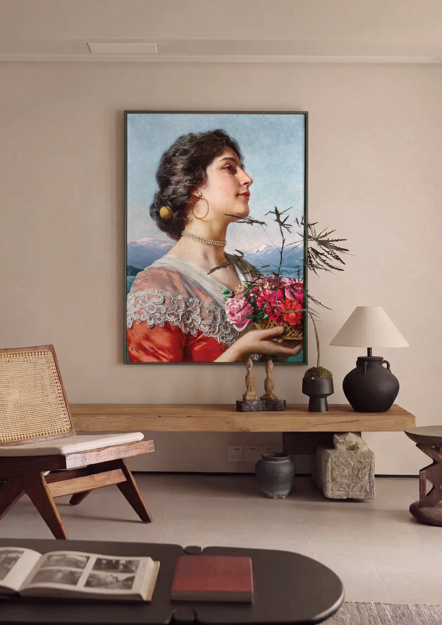 Quadro Decorativo A Dama com Cesta de Flores - Czachórski em ambiente decorado