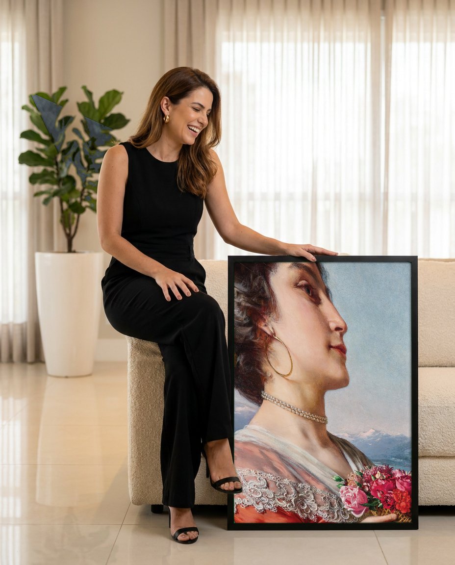 Quadro Decorativo A Dama com Cesta de Flores - Czachórski com modelo em ambiente