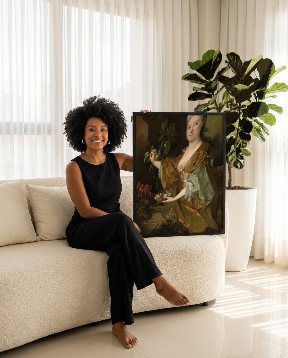 Quadro Decorativo Retrato de Dama com Flores - Largillière com modelo em ambiente
