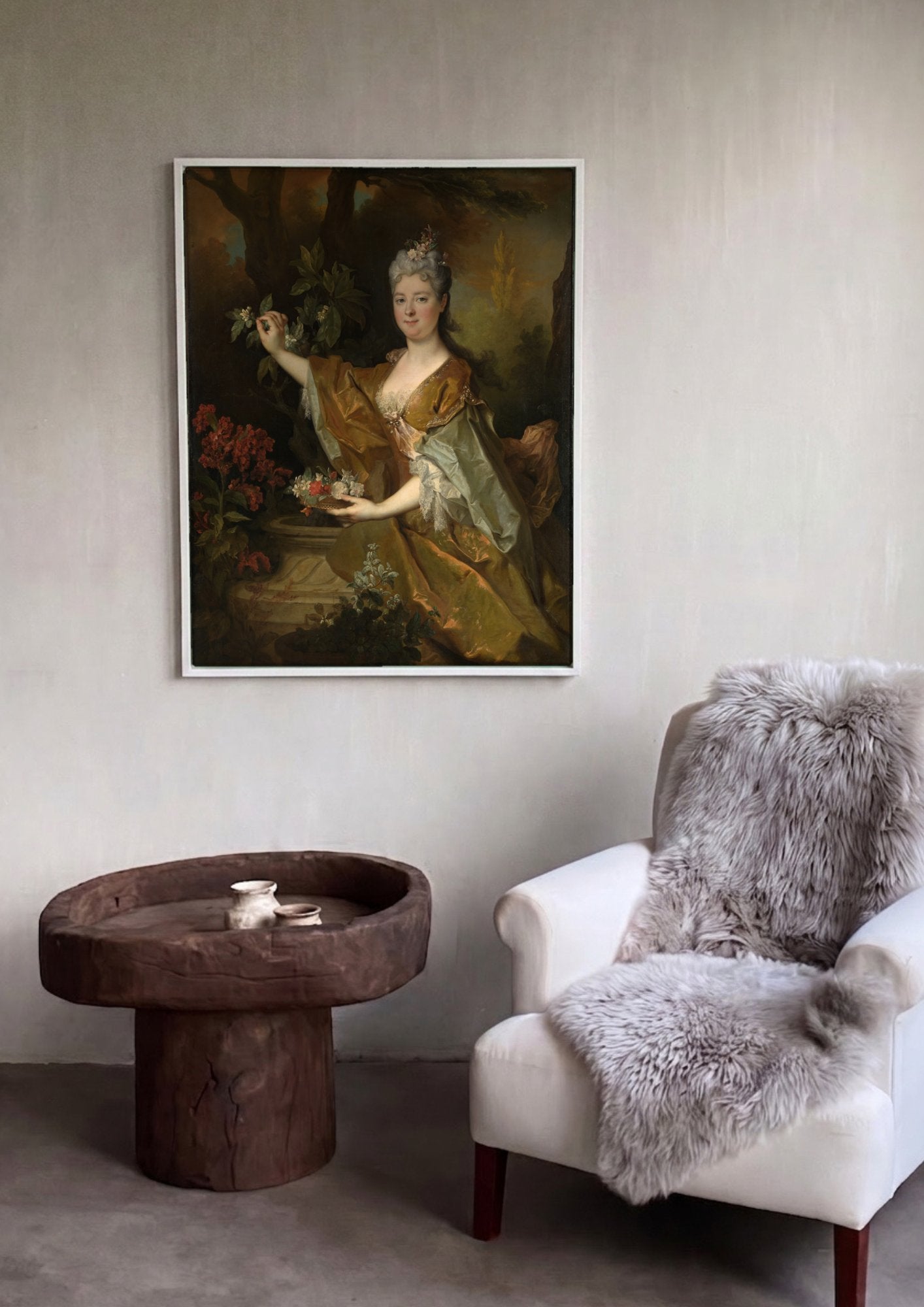 Quadro Decorativo Retrato de Dama com Flores - Largillière em ambiente decorado
