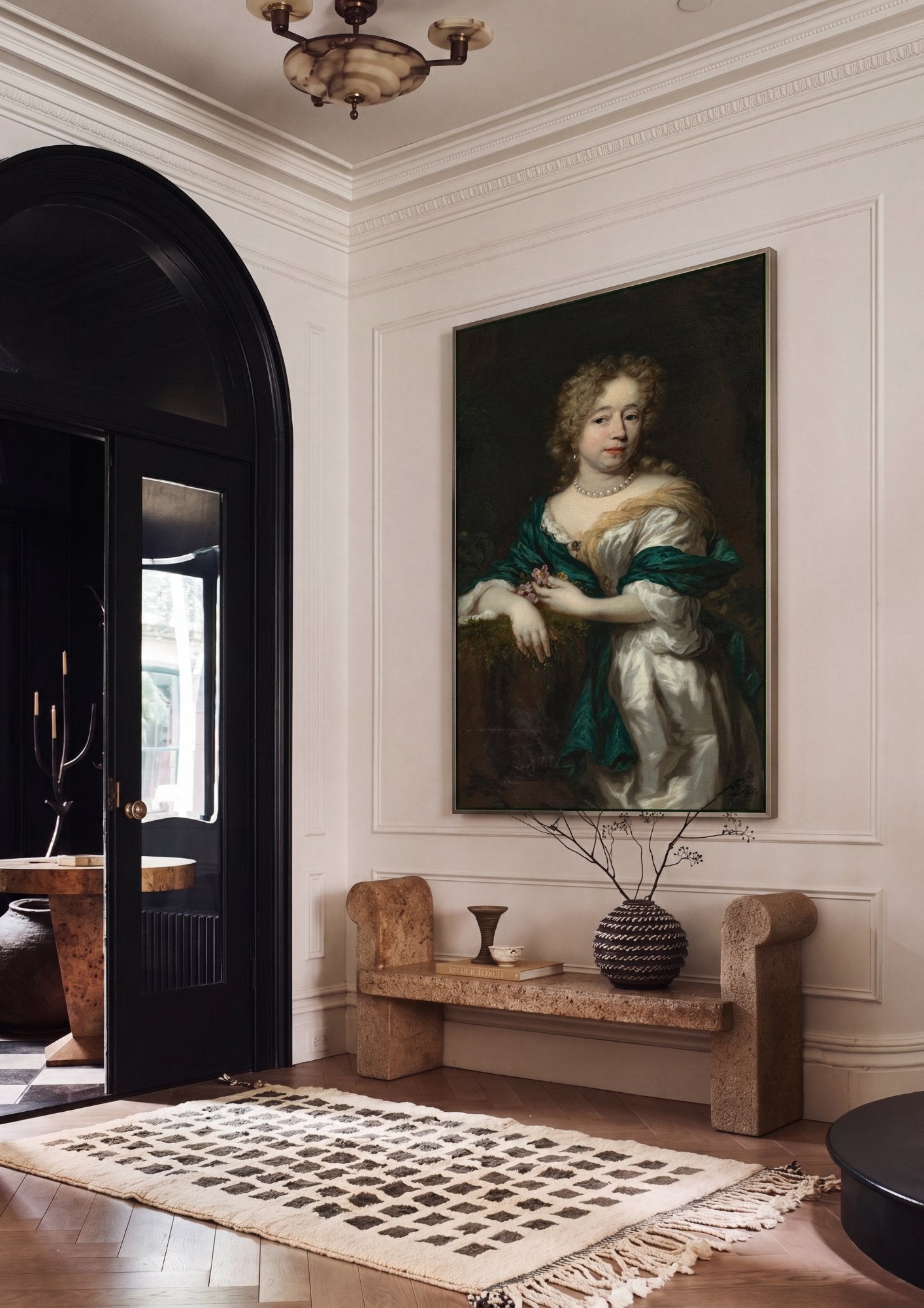 Quadro Decorativo Retrato de Dama com Flores - Nicolaes Maes em ambiente decorado