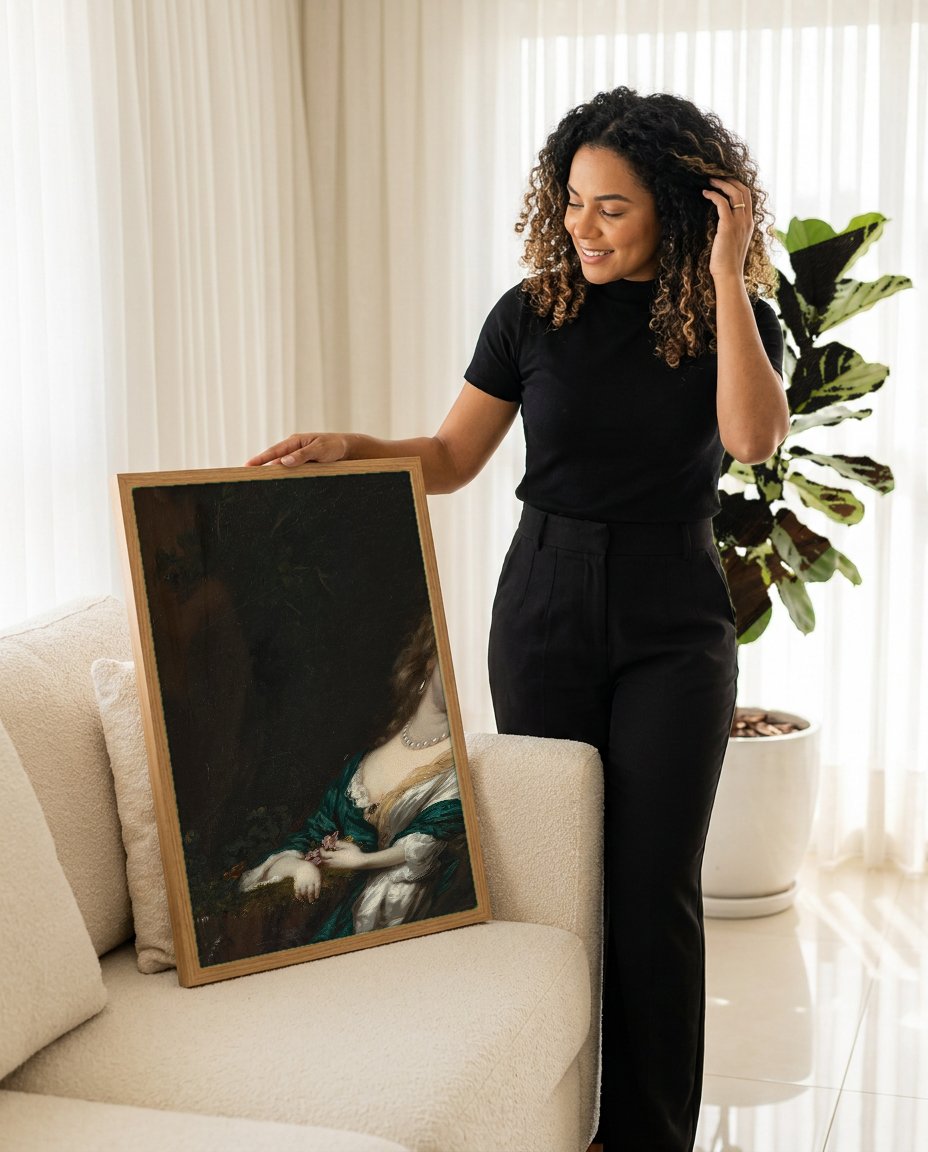 Quadro Decorativo Retrato de Dama com Flores - Nicolaes Maes com modelo em ambiente