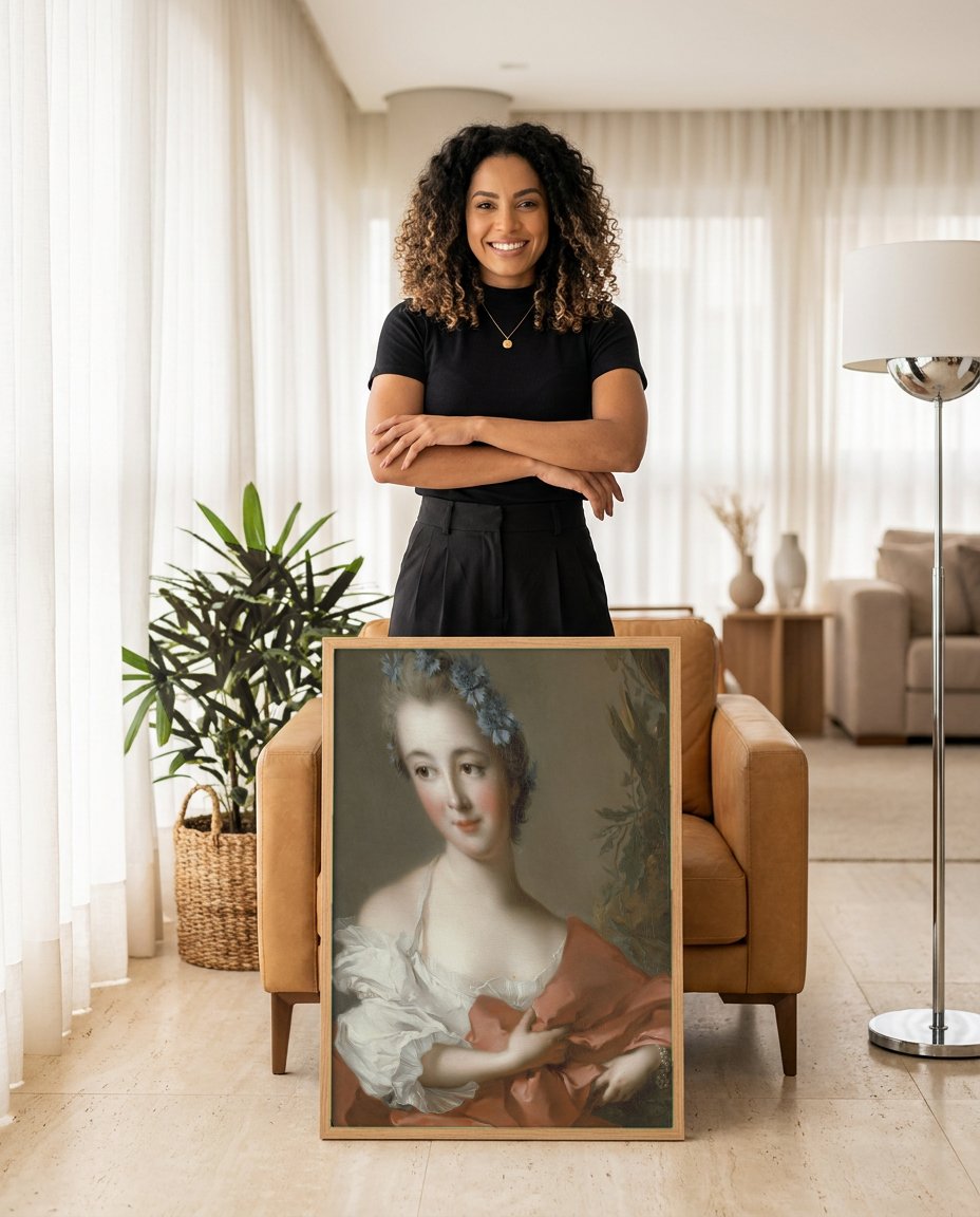 Quadro Decorativo Retrato de Dama com Flores Azuis - Jean Marc Nattier com modelo em ambiente